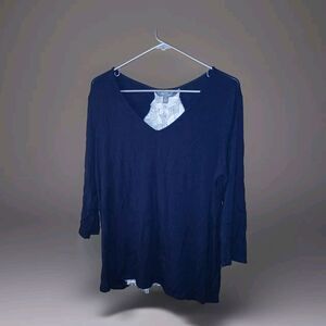 Market & Spruce Blouse Womens XL Long Sleeve V Neck Blue With Floral Contrast